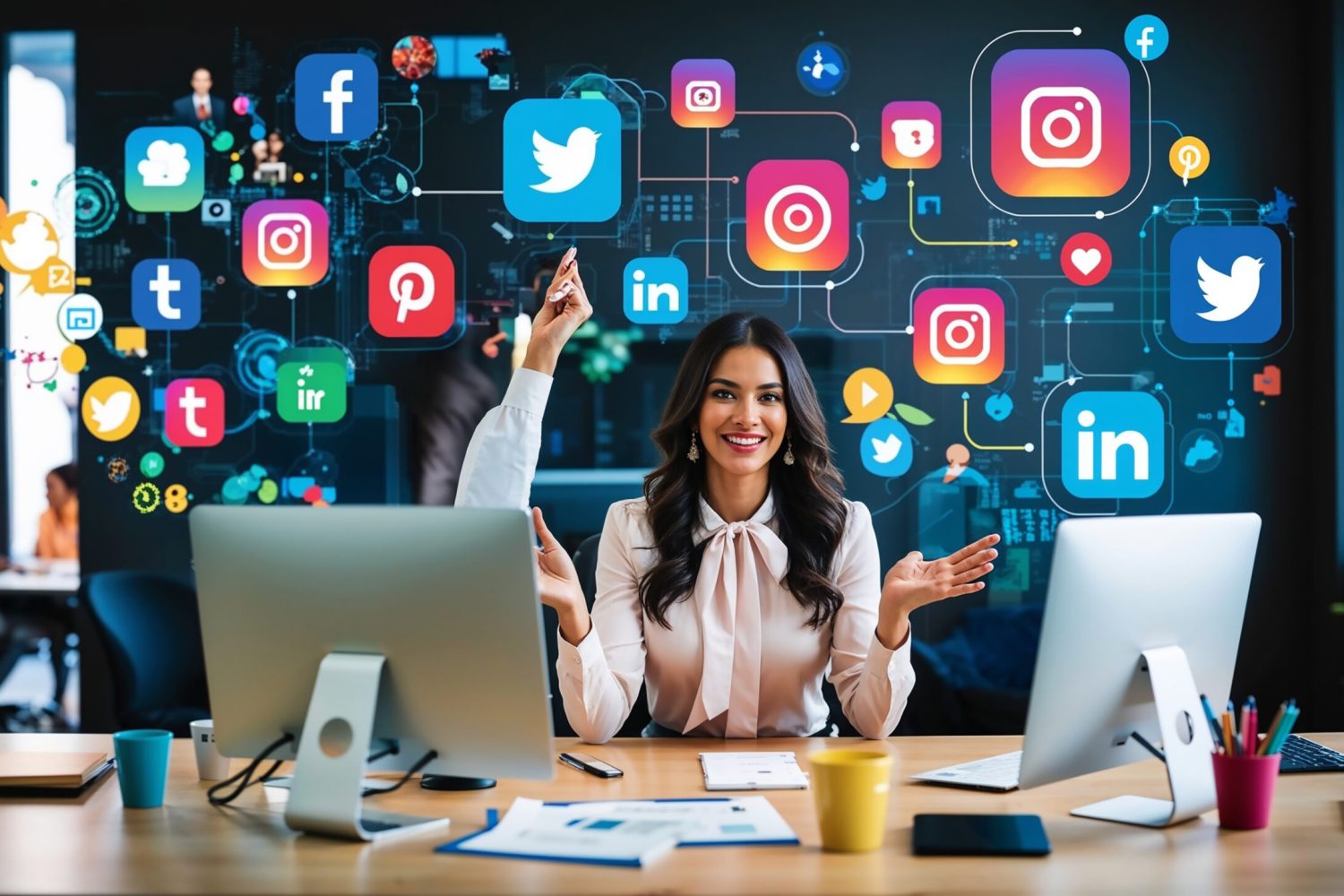 woman-sits-desk-with-facebook-social-media-wall